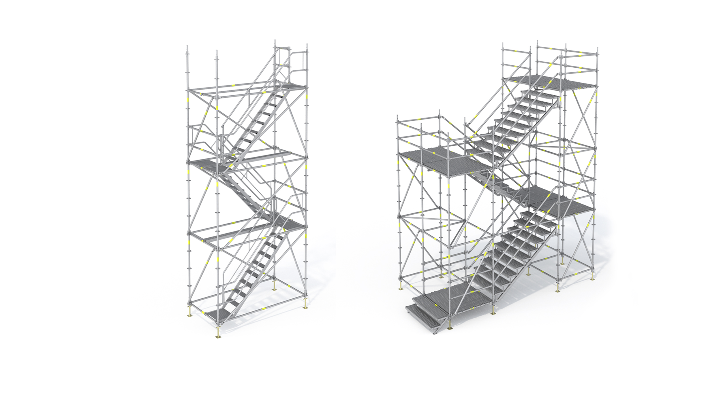 Torres de escalera temporales para el acceso a obra, el desplazamiento de peatones en espacios públicos y la evacuación en caso de emergencia. Permiten distintas configuraciones.